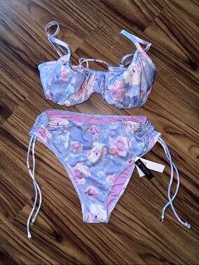 Victoria's Secret Pastel Blue Floral Ruched Bikini Set - 32DDD Top/M Bottoms